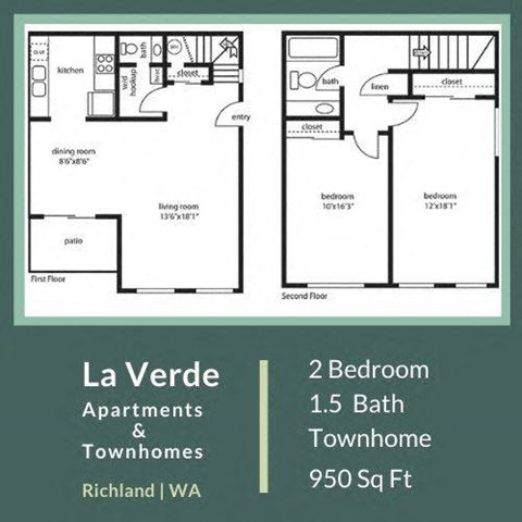 Floor plan for 2 beds, 1.5 baths, 950 sqft
